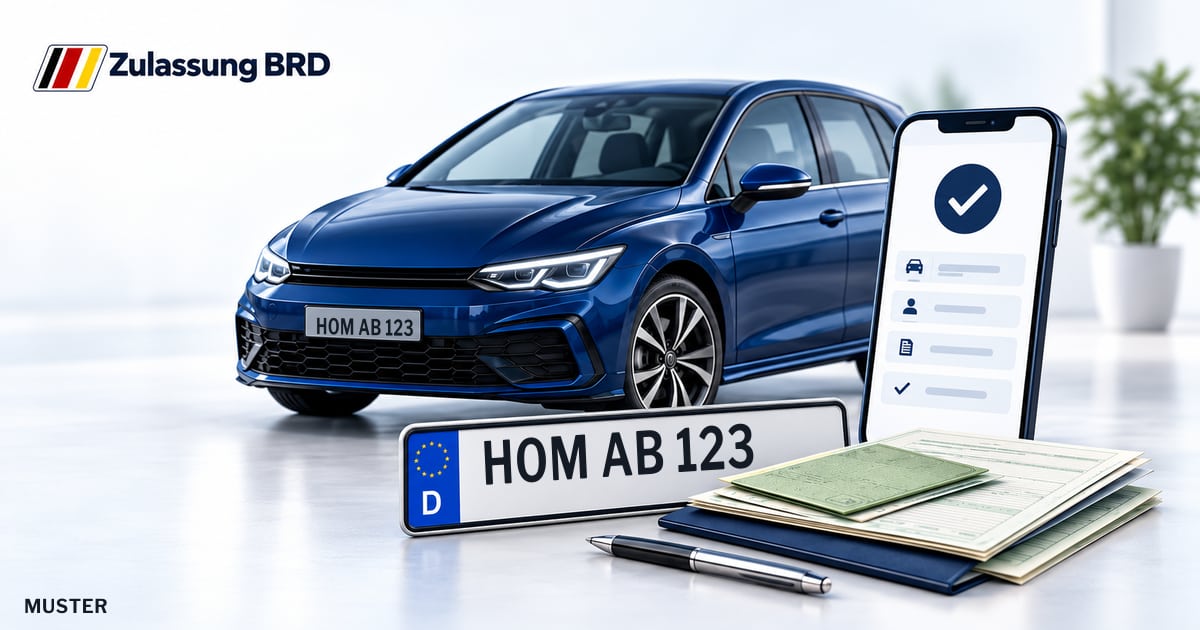 Online Fahrzeugzulassung in Bexbach: Musterkennzeichen HOM AB 123, Auto und Fahrzeugpapiere und Smartphone. Illustration mit Logo von Zulassung BRD.
